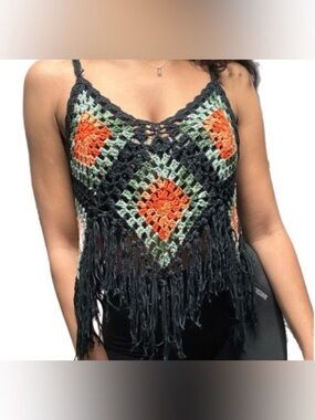 NEW Vivid Black Orange Floral Crochet Festival Fringe Top XL